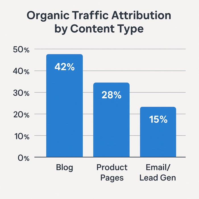 organic-traffic-by-content-type Bar graph showing organic traffic attribution: Blog 42%, Product Pages 28%, Email/Lead Gen 15%.