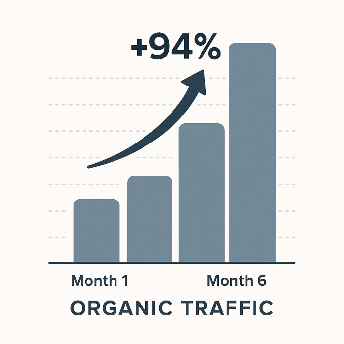organic-traffic-growth-month1-to-month6 Bar chart showing a 94% increase in organic traffic from Month 1 to Month 6 with upward arrow.
