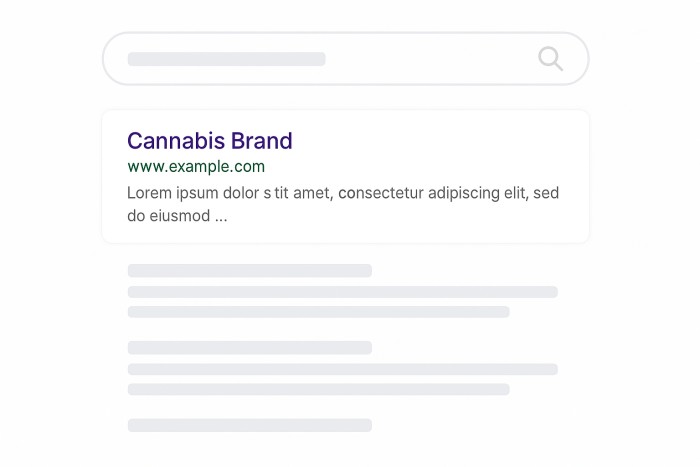 serp-cannabis-seo-writer-top-ranking Simulated Google search results showing a cannabis brand ranking in the top position, illustrating strong SEO performance.